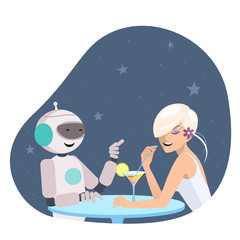 Girl and robot are talking in the bar