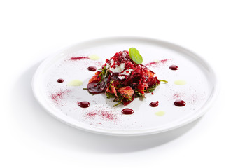Baked Beet Salad with Citrus Fruits and Stracciatella Isolated