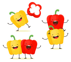 Funny cartoon sweet peppers, paprika. Vector isolates in cartoon flat style on a white background.