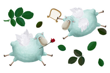 Funny sheep as cupid. Positive Valentine's clip art set on white background