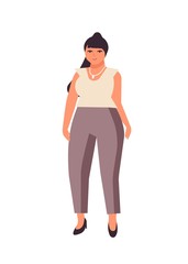 Curvy dark haired woman flat vector illustration. Plump caucasian girl cartoon character wearing white blouse and pants. Body positive, plus size female isolated on white background.