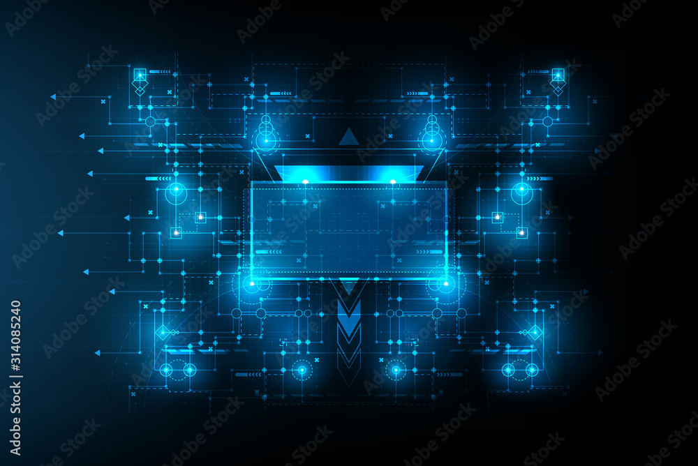 Poster abstract futuristic circuit connection board wtih space frame on ther center.vector and illustration