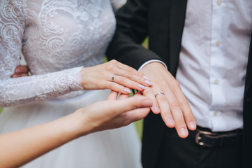 Hands with wedding rings of the bride and groom close-up. Newlyweds show wedding rings. Photography, concept.