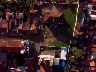 Top down view on central historical Gomes Freire square with two churches and city hall in the colonial mining city of Mariana, former gold capital in Minas Gerais, Brazil