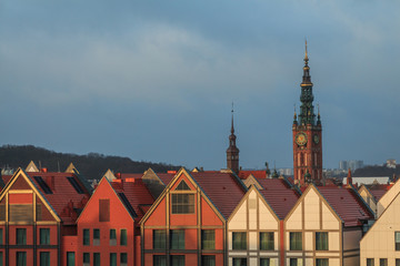 roofs of gdansk top view of the old town and town hall and cathedral with beautiful sky