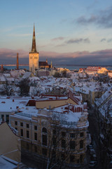 View from a high point on Old Town Tallinn on a winter evening. Estonia