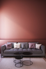 Sofar in living room,color paint wall, wood floor ,carpet,ceter table.3D illustrator 