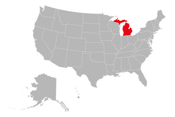 Michigan state highlighted on USA political map vector illustration. Gray background.