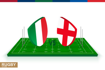 Rugby team Italy vs England on green rugby field.