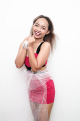 Girl holding in  her and bubble wrap on an isolated background.