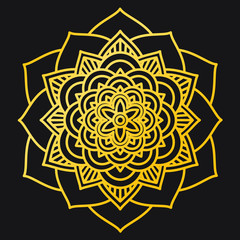 Abstract Petals Leaf Mandala Gold Line On Black Background. Vector Illustration