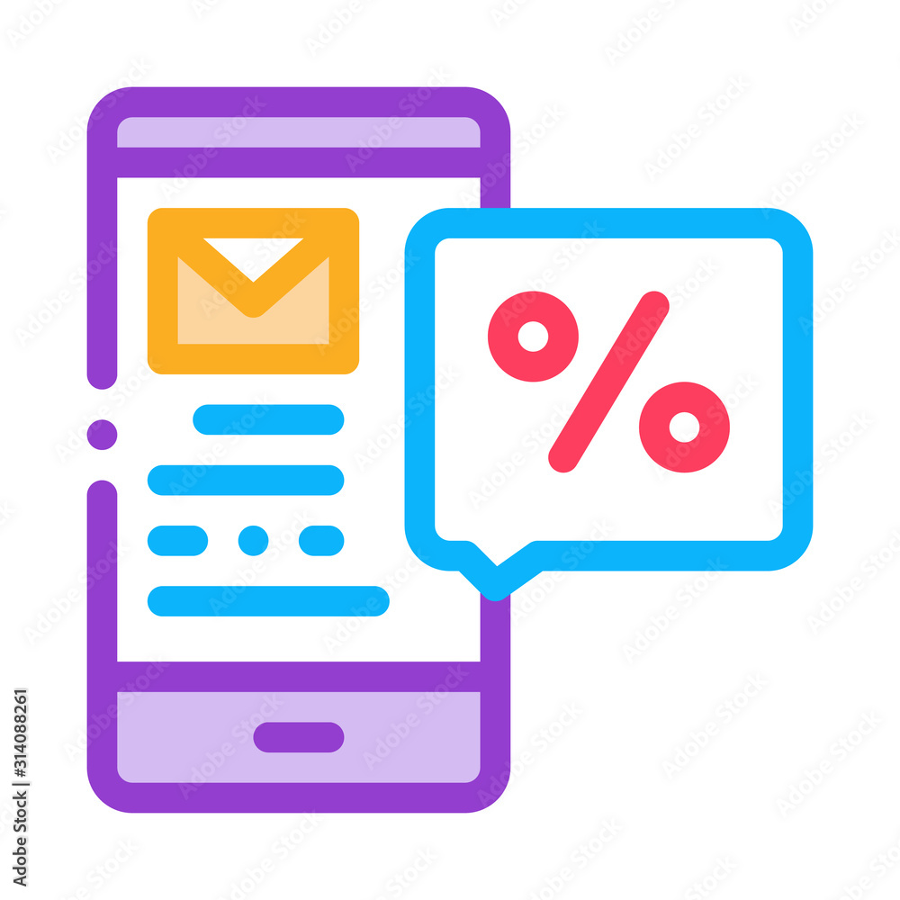 Poster phone message about percent icon vector. outline phone message about percent sign. isolated contour 