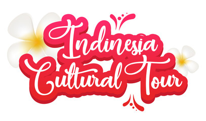 Naklejka premium Indonesia cultural tour flat poster vector template. Exotic country. Asian traditions. Banner, brochure page, leaflet design layout. Sticker with calligraphic lettering and plumeria