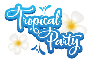 Tropical party flat poster vector template. Asian cultural festival. Banner, brochure page, leaflet design layout with text. Sticker with calligraphic lettering and plumeria