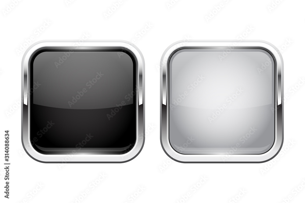 Poster push buttons. glass square icons with chrome frame