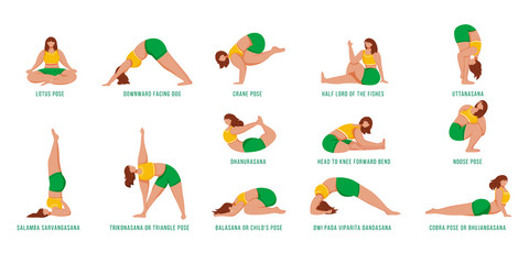 Yoga poses flat vector illustrations set. Caucausian women doing yoga asanas in yellow and green sportswear. Female figures doing physical exercises. Workout, fitness. Isolated cartoon character