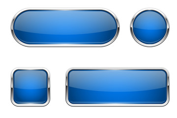 Web buttons. Blue shiny icons with chrome frame