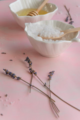 Natural wellness beauty ingredients on pink background. Health care spa therapy with honey, sea salt and lavender,  super food for the skin. Space for text