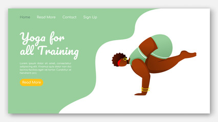 Fototapeta premium Yoga for all training landing page vector template. Balance sport exercises. Bodypositive website interface idea with flat illustrations. Homepage layout, web banner, webpage cartoon concept
