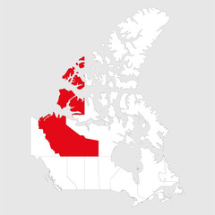 Northwest territories highlighted on canada map. Gray background. Canadian political map.