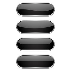 Web buttons. Black shiny oval icons with chrome frame