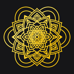 Abstract Petals Leaf Mandala Gold Line On Black Background. Vector Illustration