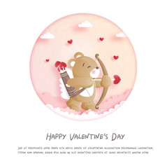 Valentines card with cute teddy bear in paper cut style vector illustration.