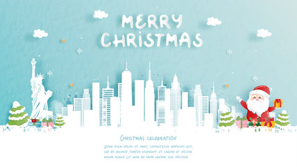 Christmas card with New York City, America famous landmark and Santa. Christmas celebrations in paper cut style. Vector illustration.