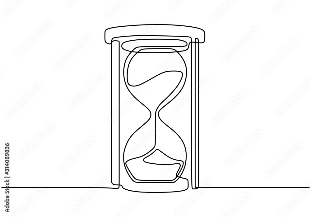 Poster one continuous line drawing of hourglass vector. hand drawn clock sketch minimalism design.