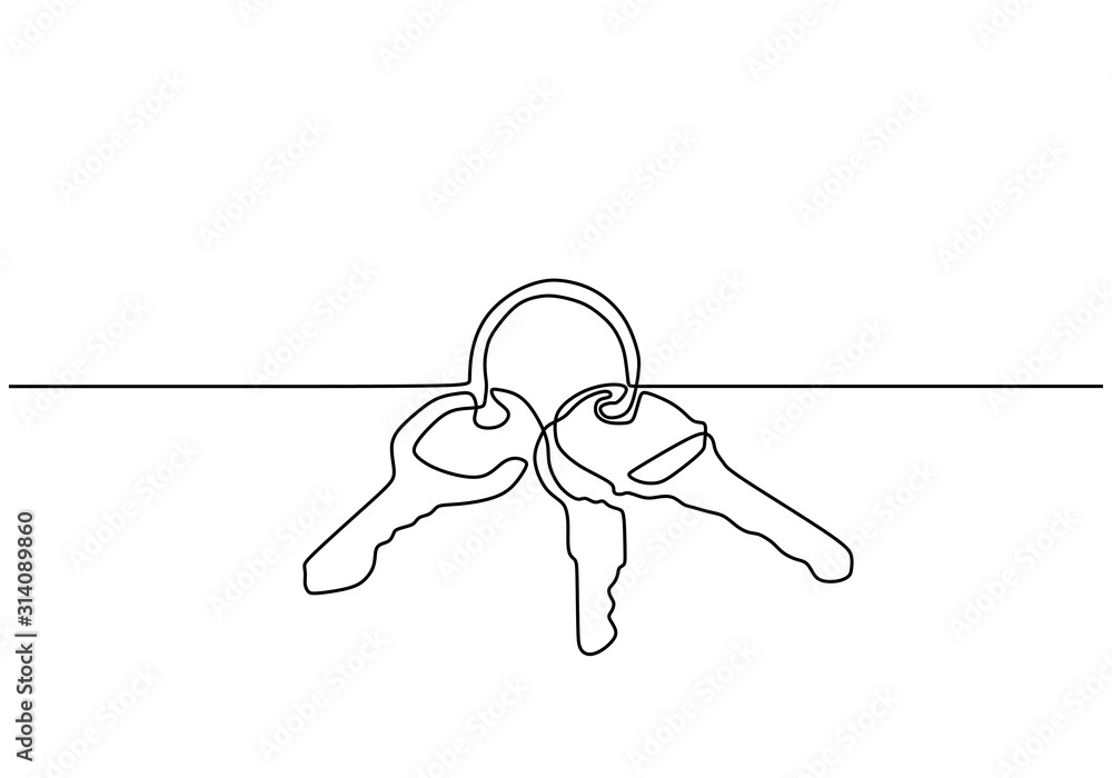 Poster continuous one line drawing of keys. symbol of property and security.