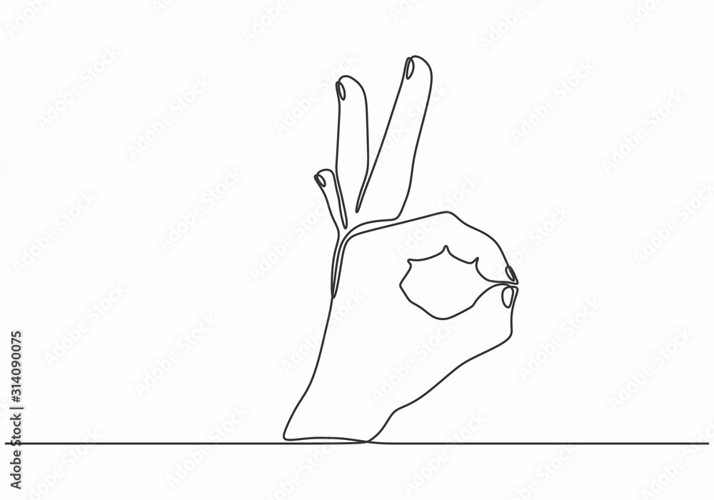 Poster one line drawing of hand showing ok gesture. contour hand drawn single lineart minimalism continuous