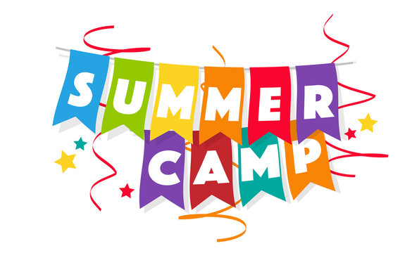 Summer camp on colorful pennant garlands