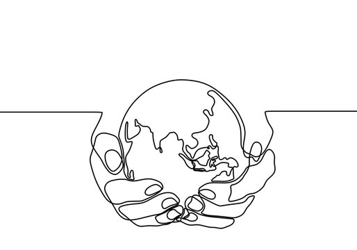 Hand Holding Earth Globe One Line Drawing. Continuous Contour Hand Drawn Sketch Design Vector Illustration.