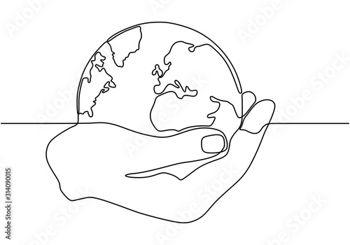 Continuous One Line Drawing Of Hand Holding World Globe Concept Of Earth And Ecology Conservation Wall Mural Ngupakarti