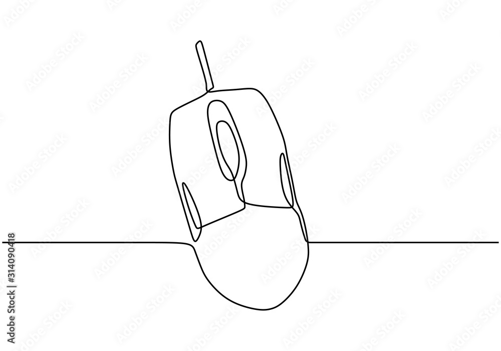 Poster electronic mouse one line drawing. continuous hand drawn sketch contour lineart of pointer for compu