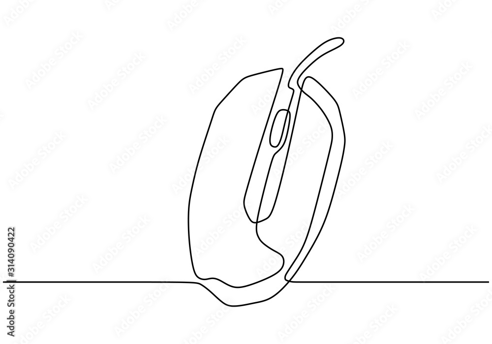 Poster electronic mouse one line drawing. continuous hand drawn sketch contour lineart of pointer for compu