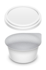 Round plastic container sealed with foil. Packaging mockup 3d illustration.