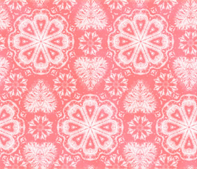 Pink Valentine Day Shibori seamless pattern, hearts and flowers background, illustration