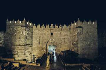Damascus Gate at night in old JERUSALEM, ISRAEL.