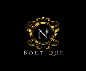 Golden N Luxury Logo Icon, Classy N Badge Letter Logo Design.
