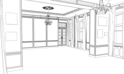 empty pavilion, contour visualization, 3D illustration, sketch, outline