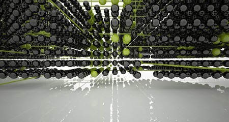 Abstract white and colored gradient  interior multilevel public space from array spheres with window. 3D illustration and rendering.