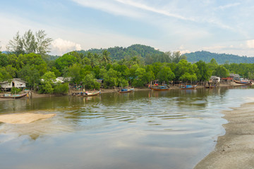 Fototapeta na wymiar small fisherman village at Chang Lang Beach,Trang,Thailand.