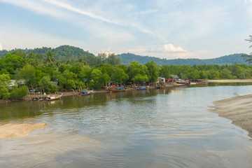 Fototapeta na wymiar small fisherman village at Chang Lang Beach,Trang,Thailand.