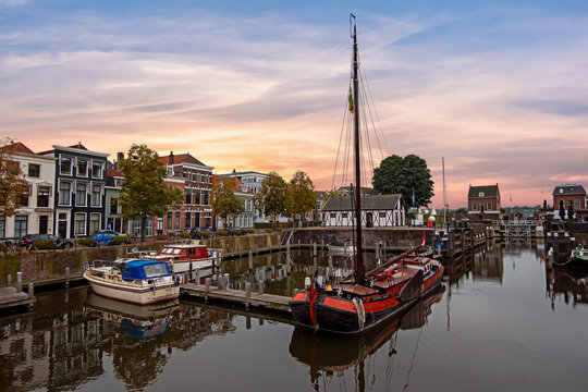 The harbor in the city center of the medieval town Gorinchem in the Netherlands