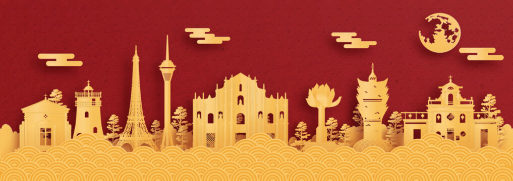 Panorama postcard and travel poster of world famous landmarks of Macau, China in red and gold paper cut 