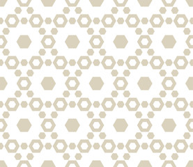 Vector geometric seamless pattern with delicate hexagonal lattice. Subtle white and beige hexagons texture, ornamental grid, mesh, net. Abstract repeat background. Modern minimalist design element