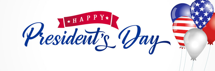 Happy Presidents Day USA balloons and flags lettering banner. Vector illustration sale discount card or poster for President`s Day 