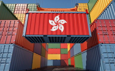 Container Terminal - Shipping Container with Hong Kong flag. 3D Rendering