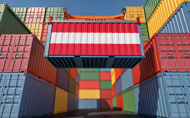 Fototapeta premium Container Terminal - Shipping Container with Austria flag. 3D Rendering